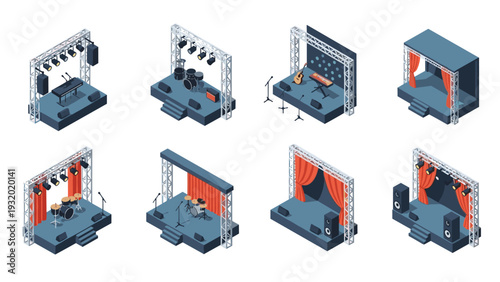 Isometric music stage setups with instruments: diverse concert and performance platforms