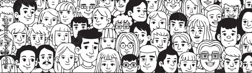 Diverse crowd of people with various facial expressions and hairstyles in a black and white cartoon illustration, showcasing a multitude of emotions and reactions.