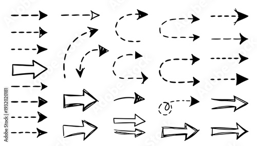 hand drawn doodle vector set of arrows with dashed lines in playful sketchy ink pen outline style isolated on white background