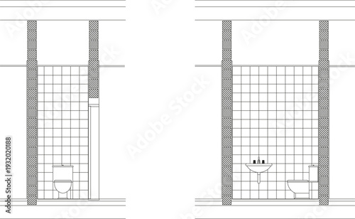 Technical architectural sections showing two bathroom configurations with toilet stalls, sink fixture, grid-patterned tiled walls and grey structural columns.