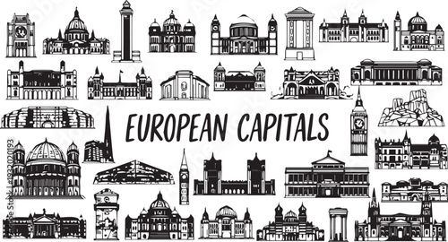 Black and white illustration of famous landmarks and buildings from various European capitals, including iconic architecture and monuments.