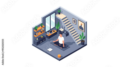 Modern isometric meditation room with plants and cozy decor