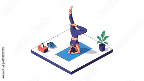 Isometric yoga pose with fitness accessories on a platform