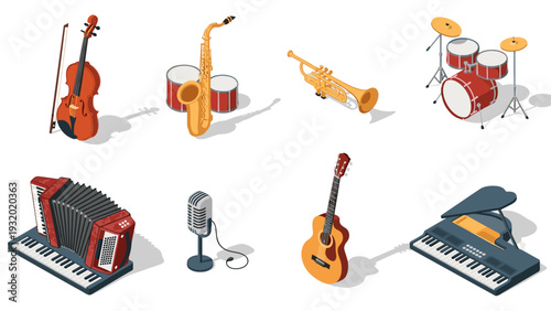 Isometric musical instruments set featuring violin, guitar, piano, and more