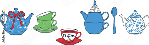 Colorful whimsical tea party setting with teapots, teacups, and spoon on white background, perfect for festive and vintage designs.