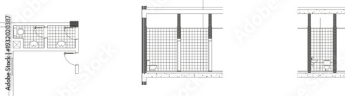 Technical architectural drawings showing a bathroom floor plan with fixtures and two cross-section views of toilet stalls with tiled walls and structural columns.