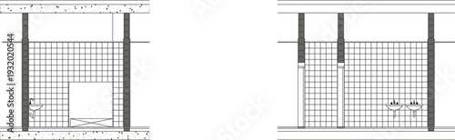 Technical architectural sections showing two bathroom layout configurations with grid-patterned tiled walls, fixtures and grey structural columns.