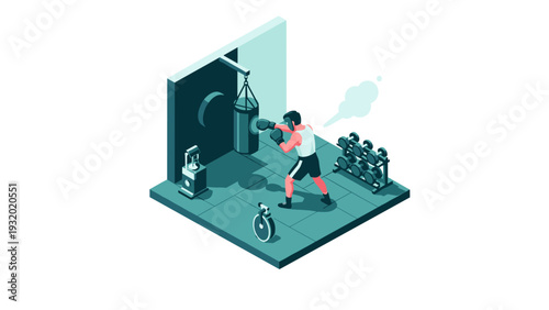 Isometric home gym with punching bag and dumbbells for fitness training