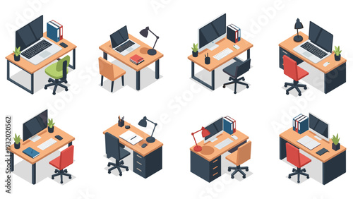 Isometric office desk setups with modern furniture and technology elements