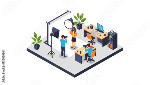Isometric office photoshoot scene with photographer and model in studio setup