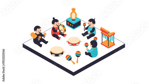 Isometric illustration of children playing musical instruments in a colorful playroom
