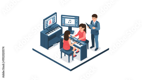 Isometric music lesson with keyboard, teacher, and students in a modern classroom