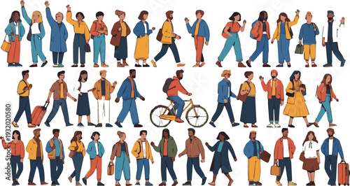 Diverse group of people walking, commuting, and traveling in various colorful outfits and poses, conveying a sense of urban lifestyle and community, with different ethnicities and abilities.