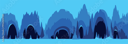 Digital illustration of a serene blue mountain range landscape with abstract shapes and hues of blue, evoking a sense of calmness and tranquility in a stylized natural scenery.