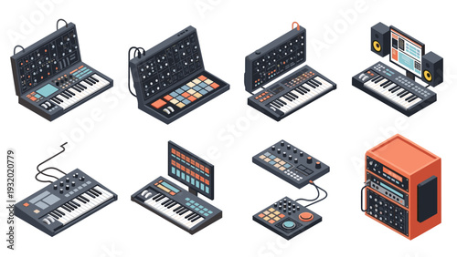 Isometric collection of electronic music equipment and synthesizers
