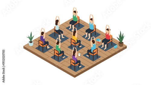 Group chair yoga class in isometric style with diverse participants in relaxing indoor setting