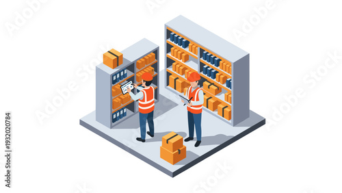 Warehouse management isometric design with workers in safety vests organizing inventory