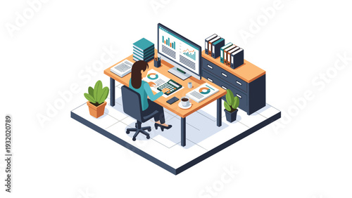 Modern isometric office workspace with woman analyzing data charts