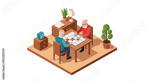 Isometric scene of seniors solving puzzle at home in cozy interior setting