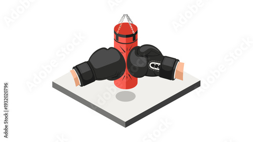 Isometric boxing gloves and punching bag on platform