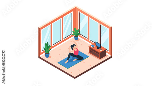 Isometric home yoga space with woman practicing stretching near windows
