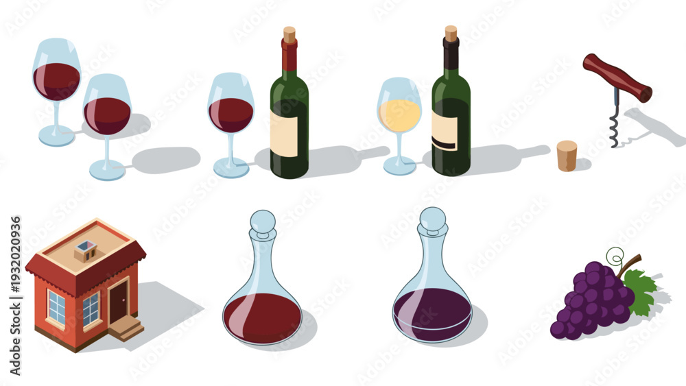 Fototapeta premium Wine essentials: glasses, bottles, and corkscrew in isometric style