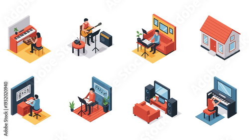 Isometric music scenes: creative home studios and relaxing spaces