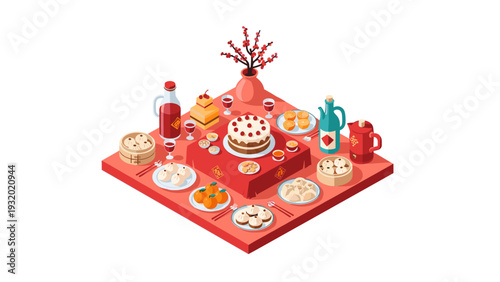 Isometric festive lunar new year feast with traditional foods and decorations