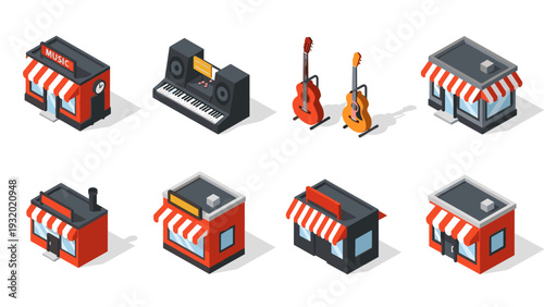 Isometric music shop and cafe buildings with instruments on a white background