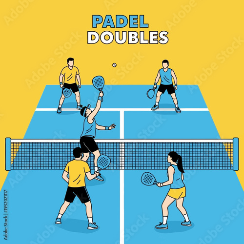 Dynamic Padel Doubles Action Depicted with Energetic Players and Engaging Court Illustration