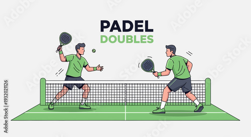 Dynamic Padel Doubles Action: Illustrated Players Engaging In Competitive Court Play