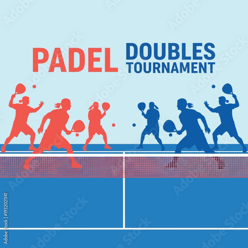 Dynamic Padel Doubles Tournament Illustration Featuring Players in Action on a Vibrant Court