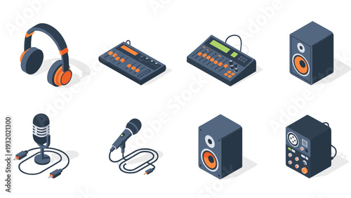 Isometric music equipment set with microphones, speakers, and synthesizers