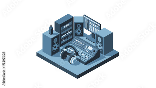 Isometric music studio setup with audio equipment and sound console
