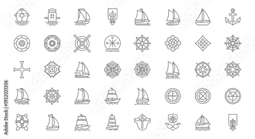 collection of nautical icons and maritime symbols in clean line art style featuring sailboats anchors and ships wheels for design projects