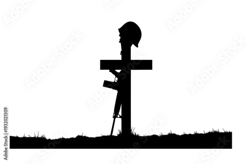 Battlefield Cross Fallen Soldier Memorial Silhouette Vector for Remembrance Day and Military Sacrifice Concept