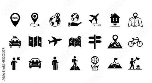 travel and navigation icons illustrating diverse journeys outdoor adventures and location tracking for digital design.