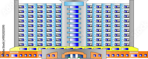 Technical architectural elevation showing symmetrical high-rise building with central blue tower, repetitive window patterns and colored podium levels in orange, yellow and grey.