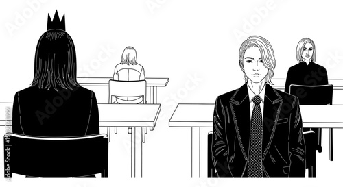 a student wearing a crown sits among peers in a classroom with another focused peer looking forward depicting education and student life