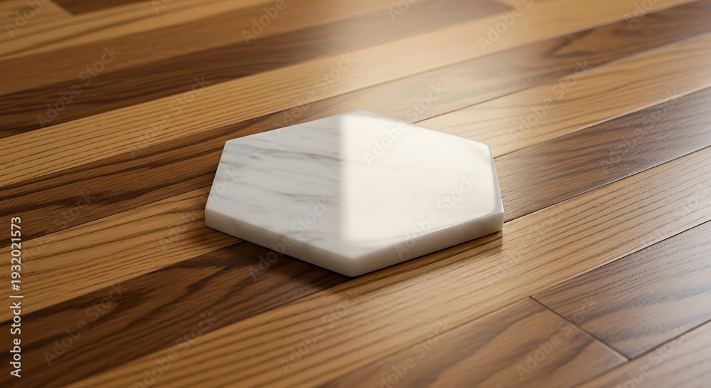 Fototapeta premium Hexagonal White Marble Coaster on Polished Striped Wood Grain Tabletop with Natural Light