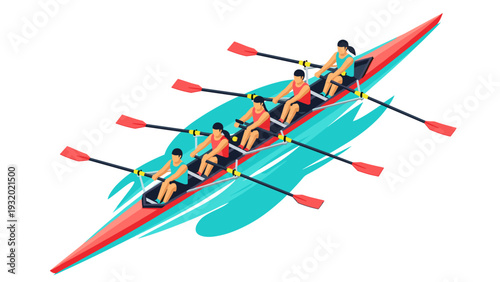 Isometric rowing team in action on turquoise water