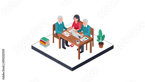 Isometric design of a collaborative meeting with seniors and young woman