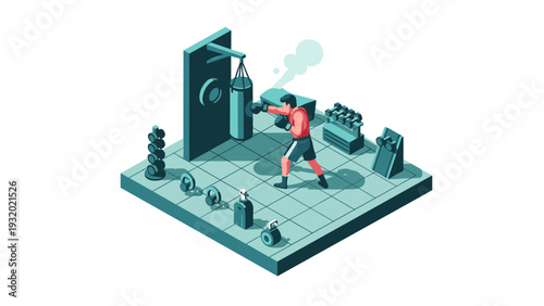Isometric boxing training gym with equipment and athlete in action