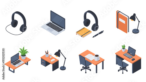 Modern office supplies isometric set with laptop, headphones, notebooks, desk, and lamp