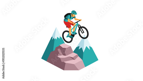 Mountain biker jumping over rocks with snowy mountains in background