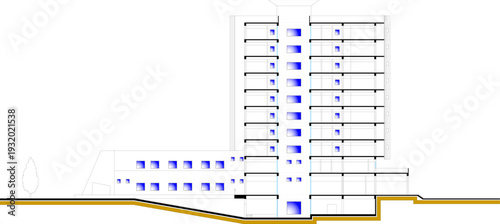 Technical architectural elevation showing stepped terraced building on sloped terrain with blue highlighted windows/balconies and gold ground level base.