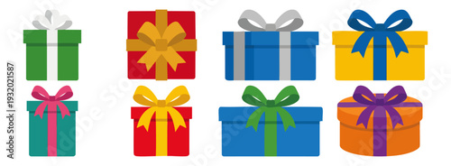 GIFT BOX - Wrapped present with a large silk ribbon and bow  Flat Vector Illustration on Transparent Background