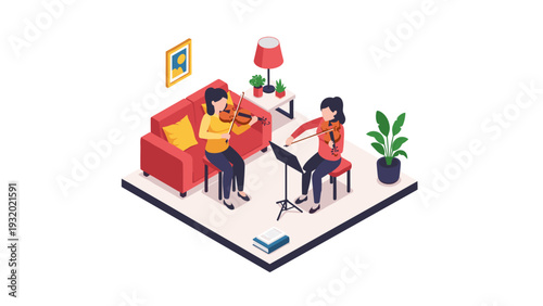 Isometric living room with people playing violins in cozy home setting