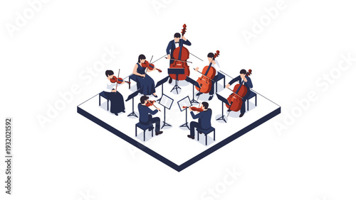 Isometric orchestra ensemble: musicians playing classical music instruments
