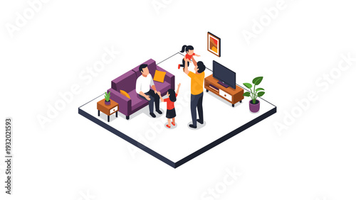 Isometric family living room scene with parents and children interacting